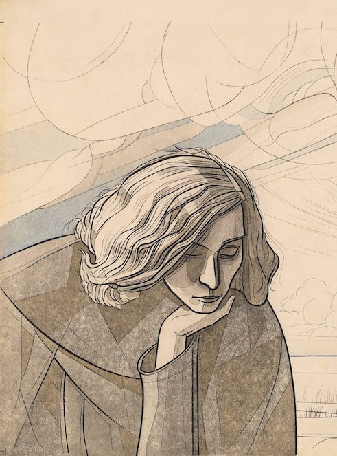Monochromatic line drawing of a person with their chin resting in their hand looking thoughtful