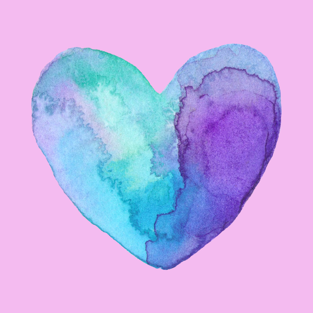 Watercolour heart in blue and purple hues on a pink background