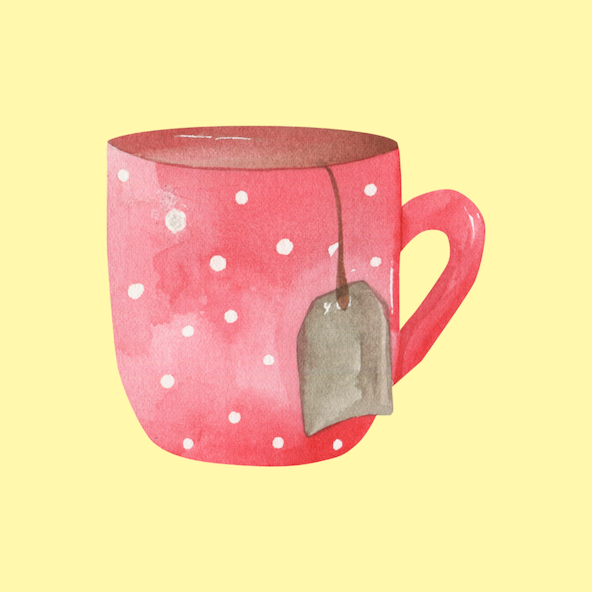 Watercolour drawing of a pink polka dog mug with a tea bag on a yellow background