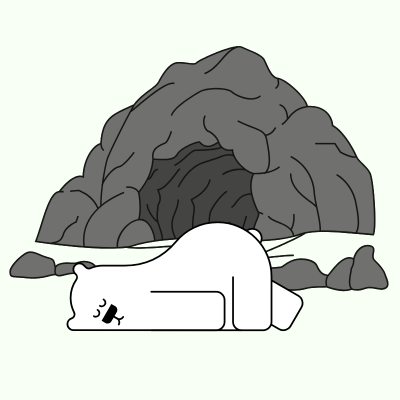 Cartoon of a white polar bear hibernating in front of a cave