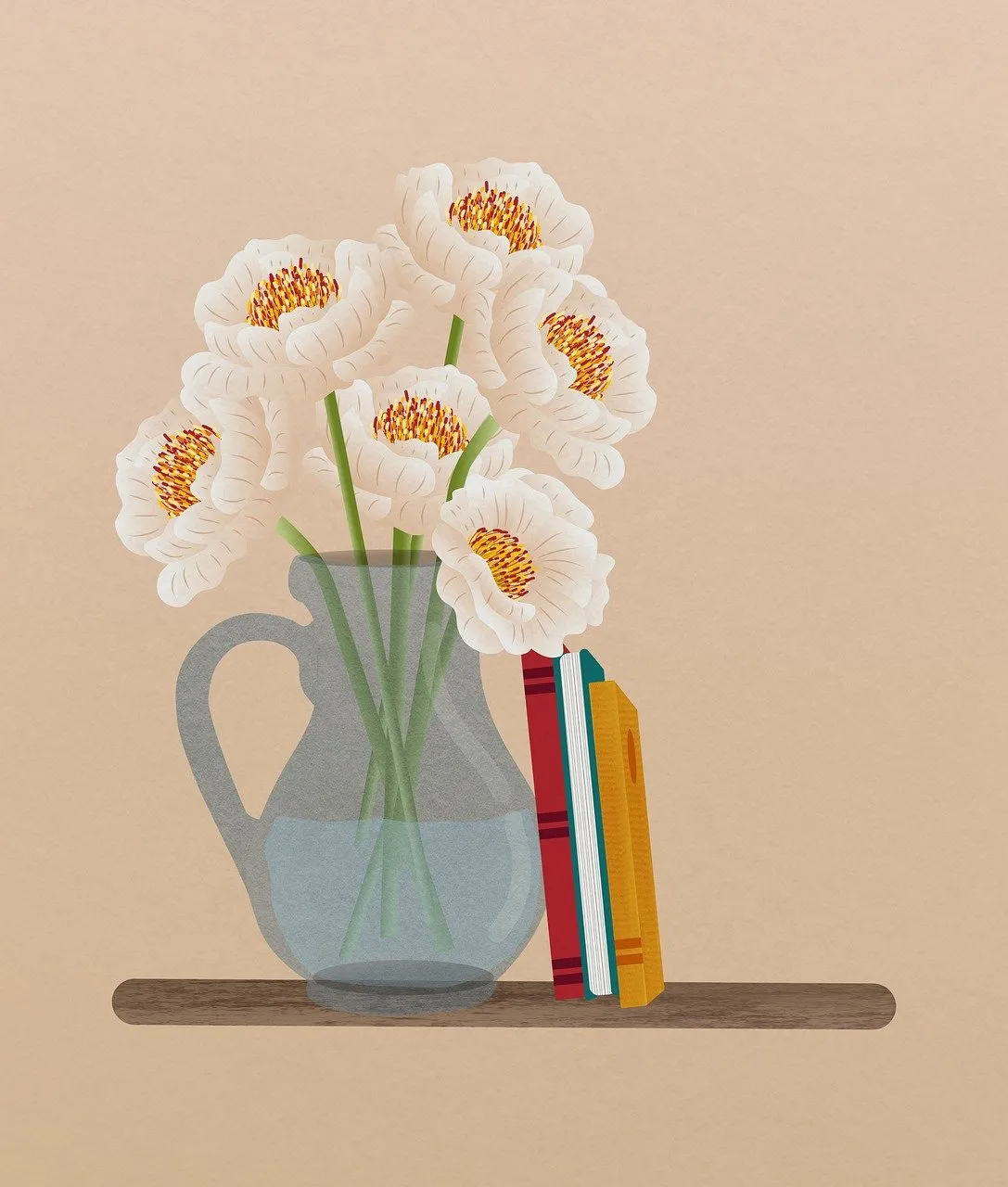 An illustration of floating shelf holding a vase of roses and some books leaning aginst it