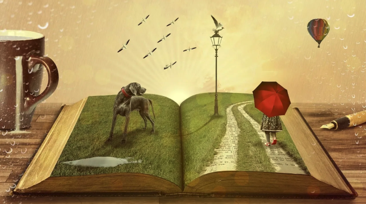 A whimsical scene is shown on the surface of an open book