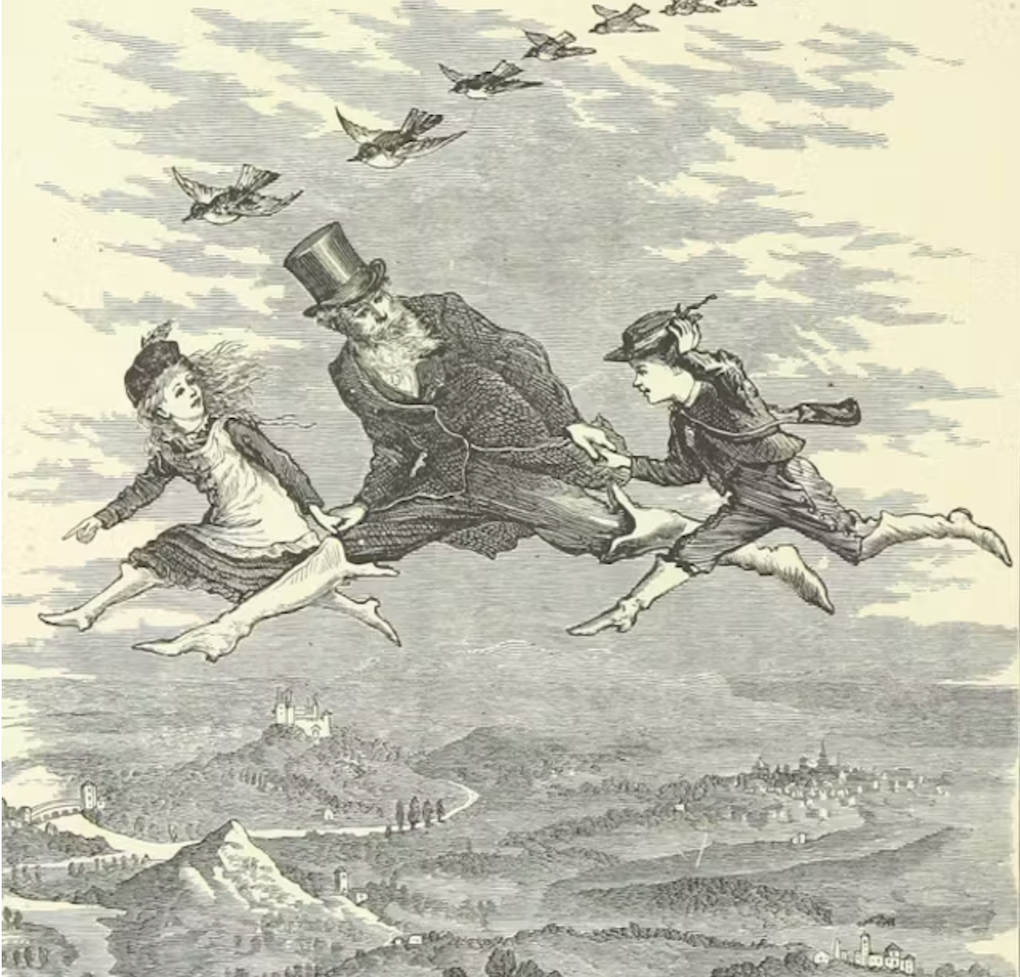 Monochromatic illustration of a man in a tophat leaping across the sky with two children on either side of him