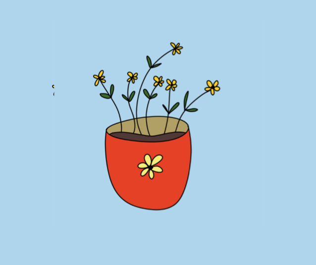 Graphic of a pot full of yellow flowers on a blue background