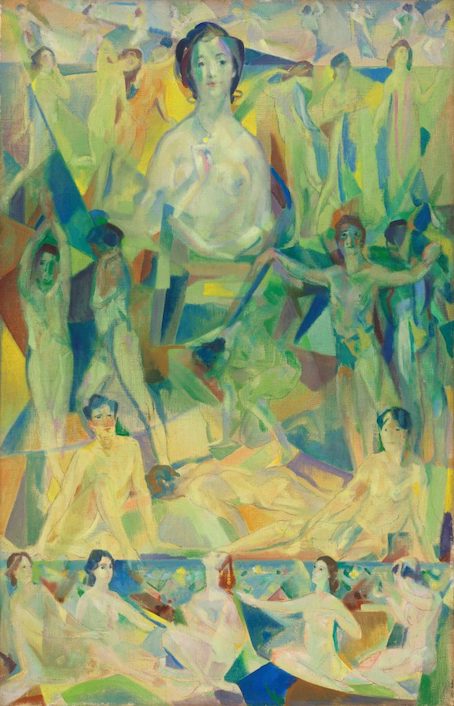 Pastel painting of a woman surrounded by other figures