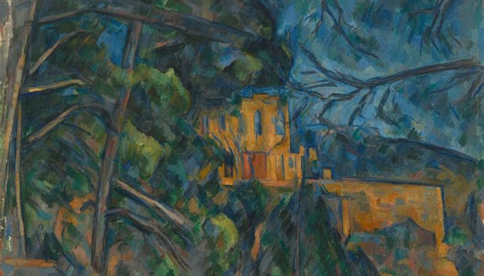 Painting of ruins hidden behind trees